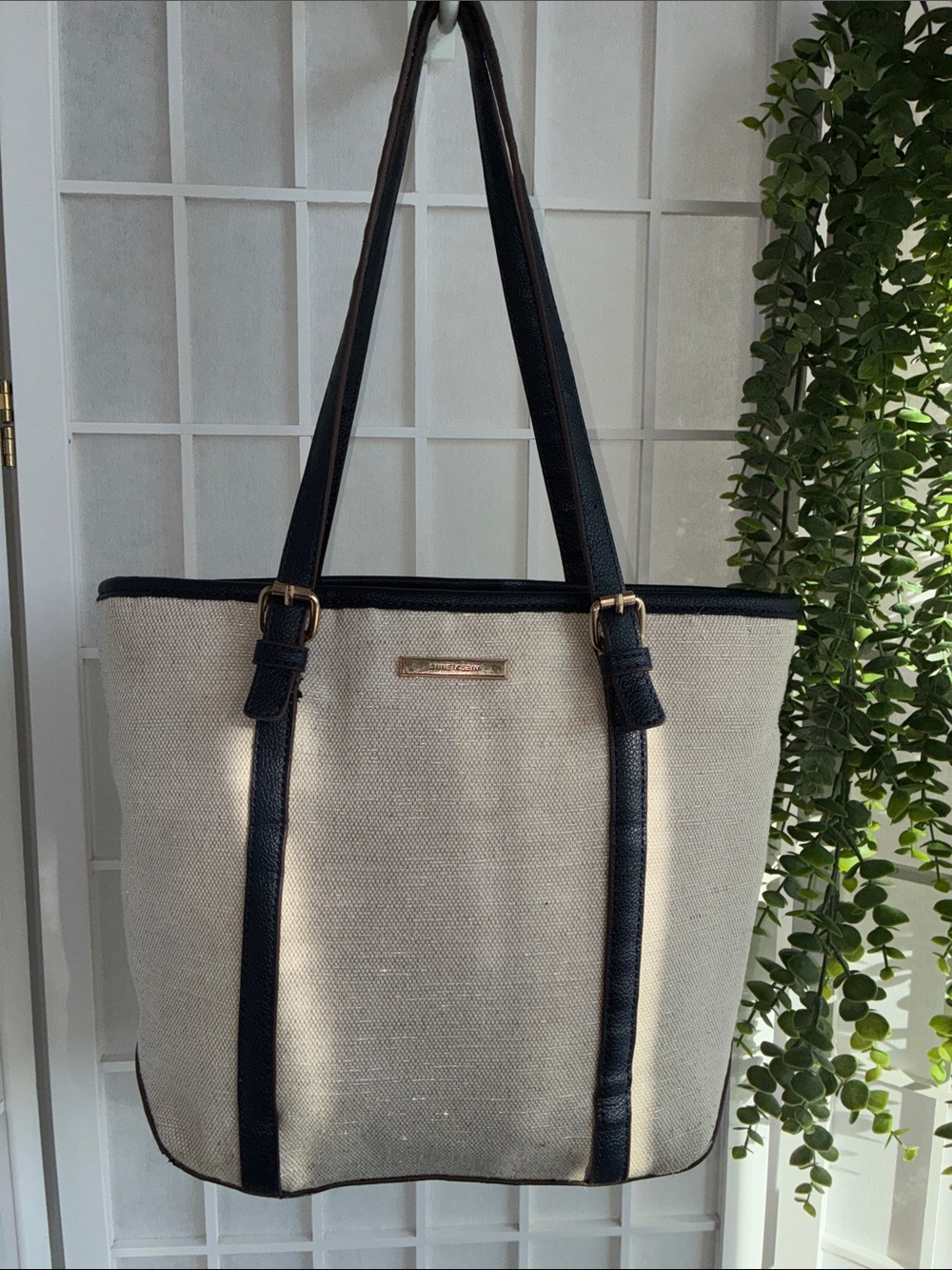 Anne Lein Canvas Bag in Off White w/ Gold Flecks & Hardware, Navy Straps & Trim